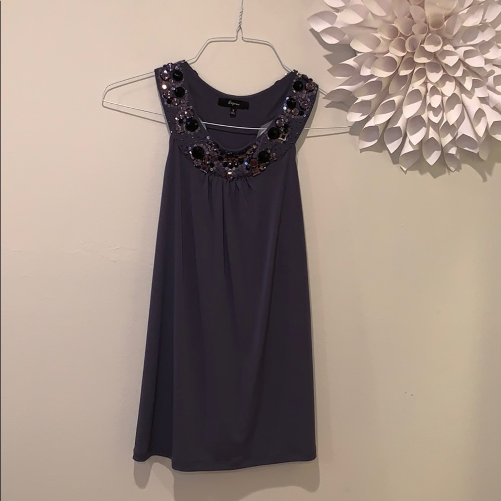 Grey blouse tank with embellished neckline/back